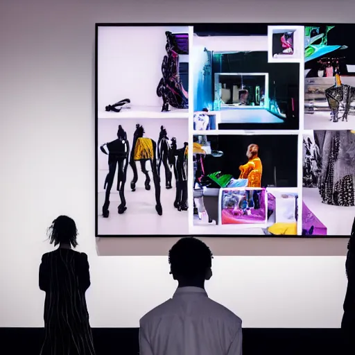 Prompt: art curator looking at a screen with a chat interface, recursive, on stage in the middle of a fashion show in the style of grand chamaco and stanley kubrick, inspired by y - 3, photorealistic, epic, super technical, cinematic still