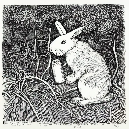 Image similar to drawing of a white bunny smoking a big cigarette in the deep tangled forest, by edward gorey, by gustav dore