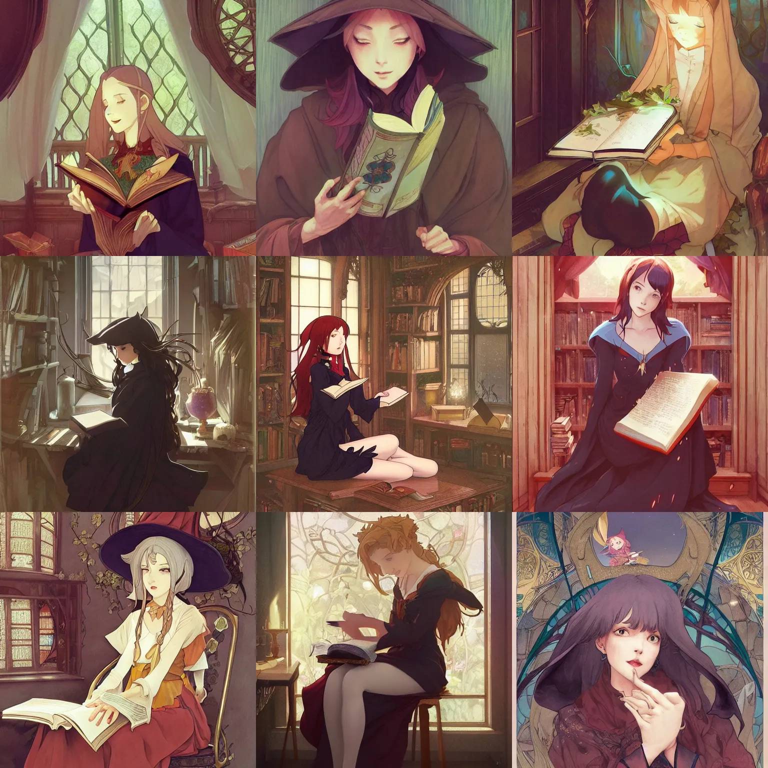 Prompt: A beautiful witch reading a tome in her study, detailed, digital illustration, artstation, pixiv, Hayao Miyazaki, Krenz Cushart, Artgerm, Alphonse Mucha, Kyoto Animation