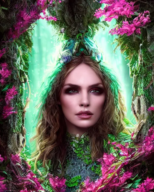 Image similar to portrait high definition photograph pretty woman fantasy character art, hyper realistic, pretty face, hyperrealism, iridescence water elemental, snake skin armor forest dryad, pink furry foliage, 8 k dop dof hdr fantasy character art, by aleski briclot and alexander'hollllow'fedosav and laura zalenga