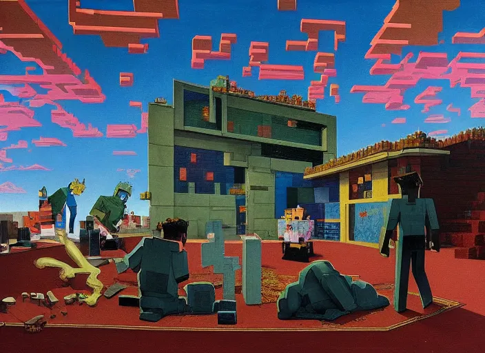 Prompt: still from minecraft and futurama by francis bacon, surreal, norman rockwell and james jean, greg hildebrandt, and mark brooks, triadic color scheme, by greg rutkowski, in the style of francis bacon and syd mead and edward hopper and norman rockwell and beksinski, dark surrealism, open ceiling