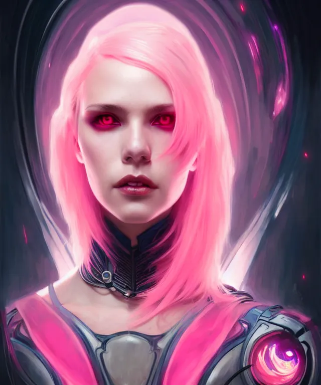 Prompt: futuristic vampire portrait, sci-fi, fire eyes, face, short pink hair, fantasy, intricate, elegant, highly detailed, digital painting, artstation, concept art, smooth, sharp focus, illustration, art by artgerm and greg rutkowski and alphonse mucha