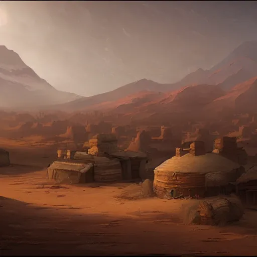 Image similar to a distant desert village, artstation, cgsociety