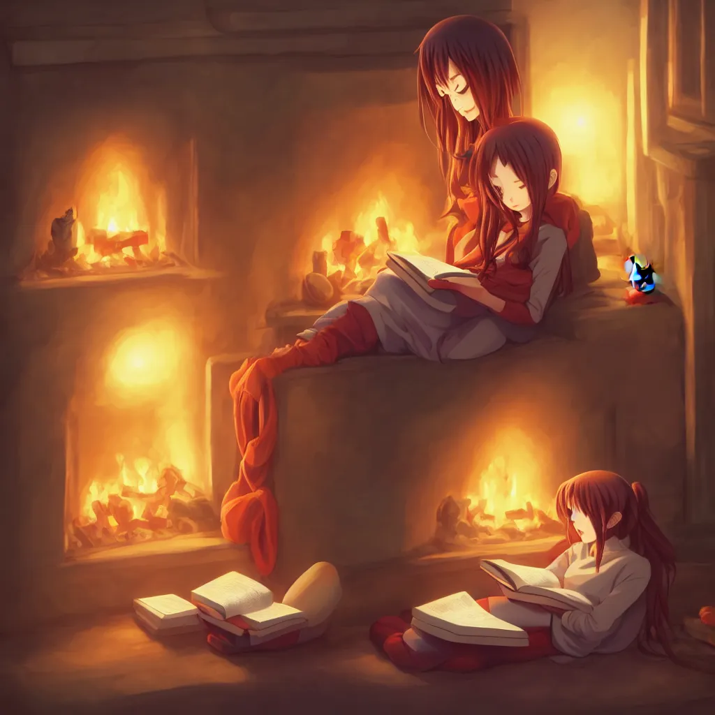 Prompt: anime young woman reading a book, with her cat cuddling up next to a fireplace in the winter, warm lighting, award winning art, trending on artstation, 8 k,