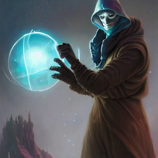Prompt: rogue male wearing a cloak on an alien world and holding a holographic planet projection in his hand, masked face, detailed, sci - fi, digital painting, artstation, sharp focus, illustration, artgerm, tomasz alen kopera, peter mohrbacher, donato giancola, joseph christian leyendecker, wlop, frank frazetta