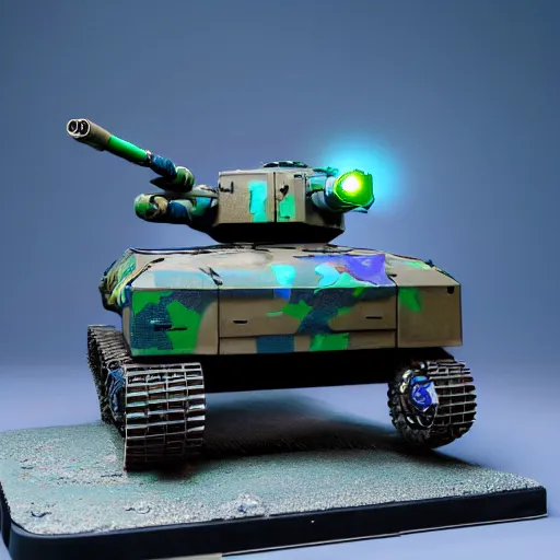 Image similar to a futuristic battletank with blue camouflage paint, long main gun, heavy machinegun on top, science fiction, coherent, studio lighting, zoomed out product photography, simon stalenhag, detailed painted games workshop miniature