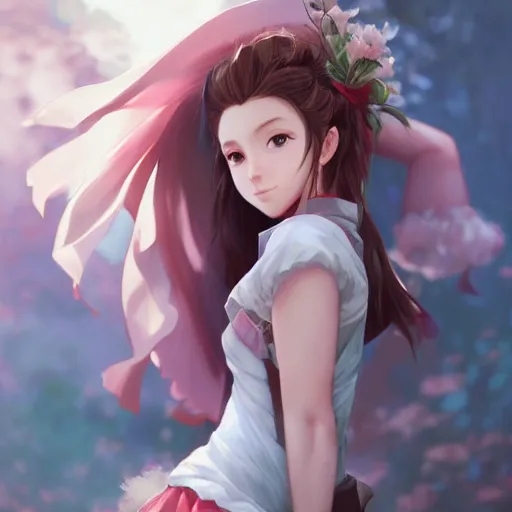 Image similar to head to toe shot of aerith gainsborough by WLOP, rossdraws, Logan Cure, Mingchen Shen, BangkuART, sakimichan, yan gisuka, JeonSeok Lee, zeronis, Chengwei Pan on artstation