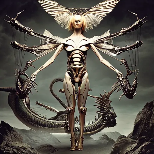 Image similar to still frame from Prometheus movie by Makoto Aida, flying biomechanical angel gynoid by giger, mimicking devil's dragon flower mantis, metal couture by neri oxmn and Guo pei, flying angel editorial by Malczewski and by Caravaggio