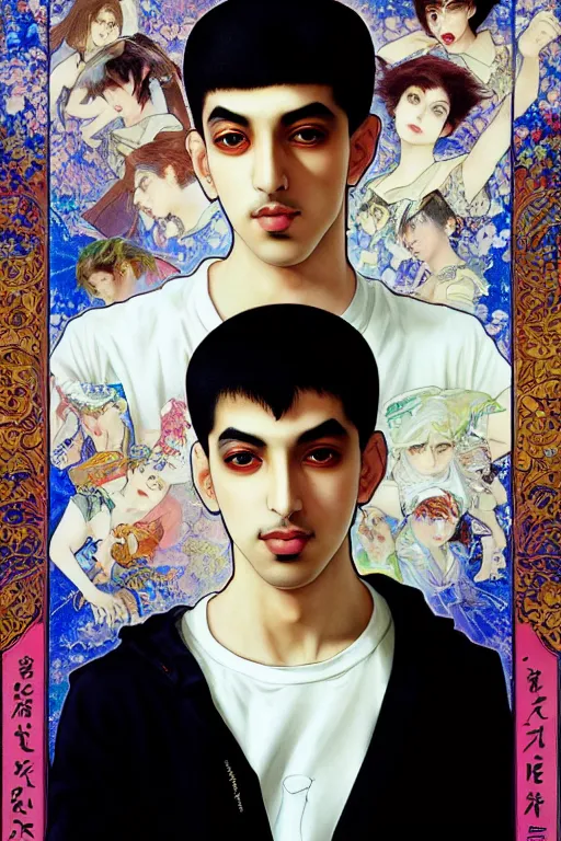 Image similar to beautiful medium shot manga portrait of mahmood inspired by ayami kojima with short hair dressed with a white t - shirt, white background white bank studio light, art by yoshitaka amano, alfons mucha, hiroaki samura, jiro matsumoto and yusuke murata, sharp focus, high quality, 8 k