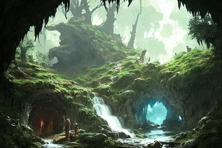 Prompt: 1 2 3 4 cave entrance surrounded by trees with a small water stream coming out of it, fantasy, highly detailed, art by greg rutkowski