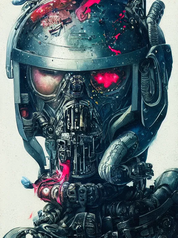 Image similar to art portrait of a space marine ,8k,by tristan eaton,Stanley Artgermm,Tom Bagshaw,Greg Rutkowski,Carne Griffiths, Ayami Kojima, Beksinski, Giger,trending on DeviantArt,face enhance,hyper detailed,minimalist,cybernetic, android, blade runner,full of colour,