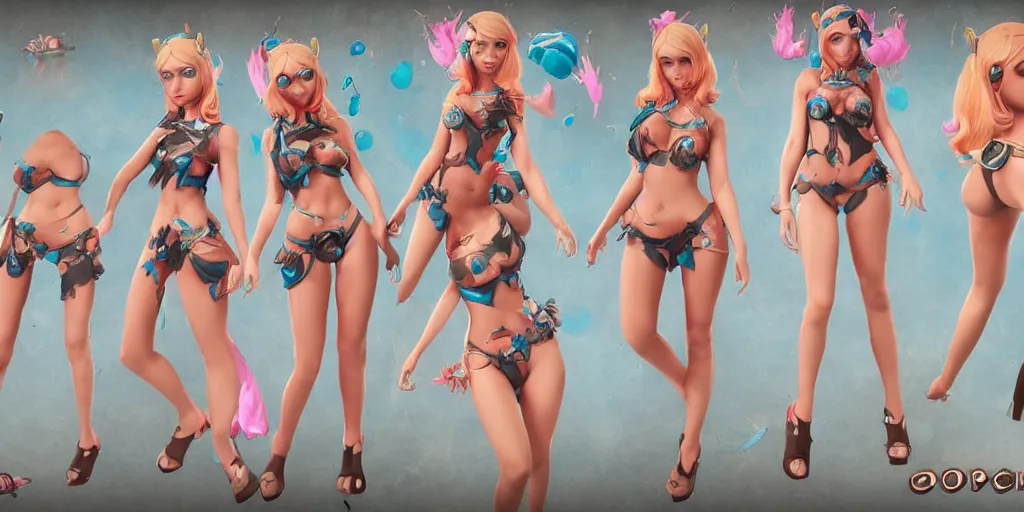 Prompt: Character sheet of gorgeous pool party seraphine (League of Legends). 3d octane render trending on artstation