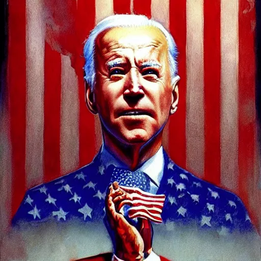 Image similar to patriotic nightmare of joe biden, american flag hell, perfectly clear face, by j. c. leyendecker and beksinski