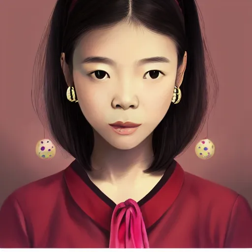 Image similar to portrait of asian girl, round face, brown hair, ponytails, half updo hairstyle, skinny, smile, attractive, small chin, wearing pink hair bow, polkadot blouse and skirt, earrings, intricate, elegant, glowing lights, highly detailed, digital painting, artstation, sharp focus, illustration, art by wlop, mars ravelo and greg rutkowski