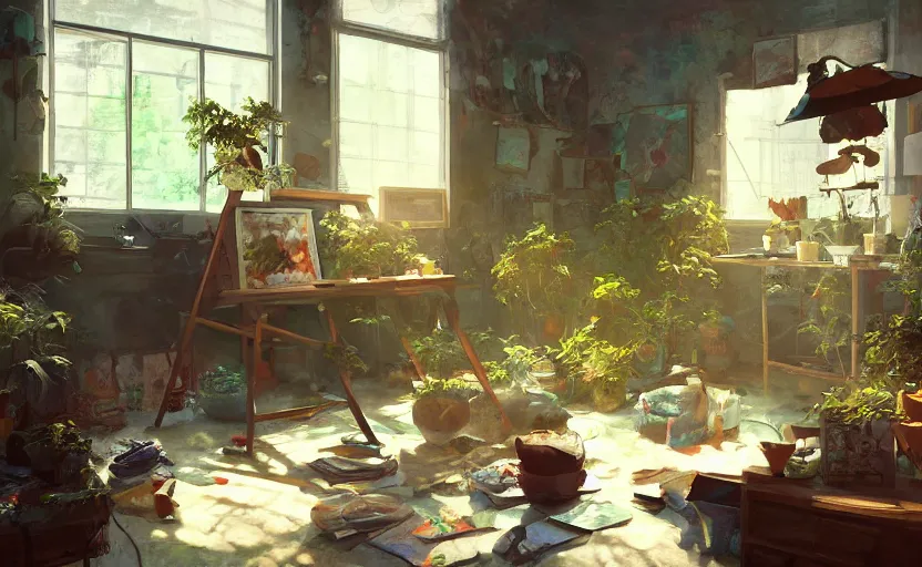 Prompt: a stylish artist studio interior, messy, many plants, drafting table, easel, painting by Craig Mullins, octane rendering, soft morning lighting, wide angle lens, low view, in the style of Hayao Miyazaki, trending on artstation,