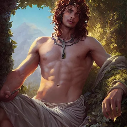 Prompt: dionysus, greek god, robert sheehan, tunic, lounging, sly expression, art by artgerm and greg rutkowski and magali villeneuve, d & d, fantasy, portrait, highly detailed, digital painting, trending on artstation, concept art, sharp focus, illustration