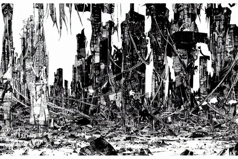 Prompt: no man's land, remnants of the human civilization, post-apocalyspe, by Tsutomu Nihei