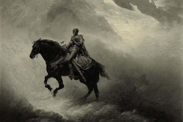 Image similar to A huge rider on a horse rides through epic storm, Gustave Dore lithography