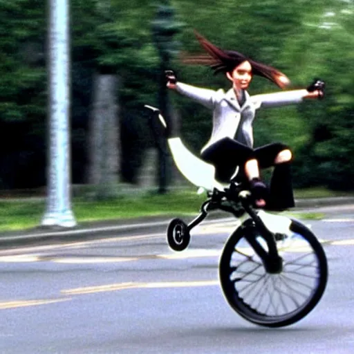 Prompt: neo from the matrix jumping the worlds smallest bicycle over a bus