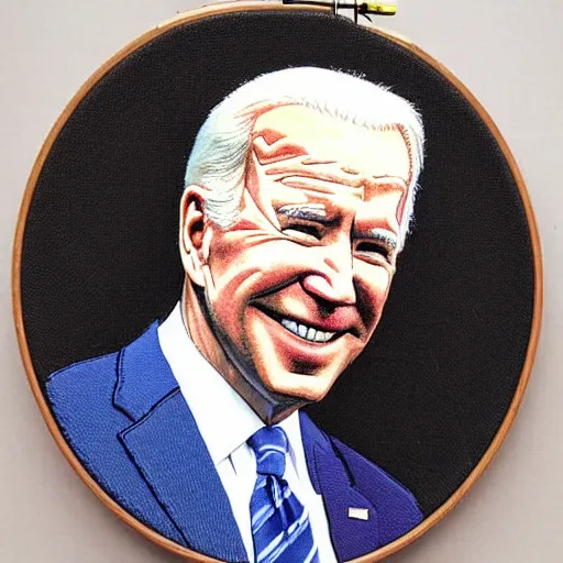 Prompt: An embroidered portrait of Joe Biden