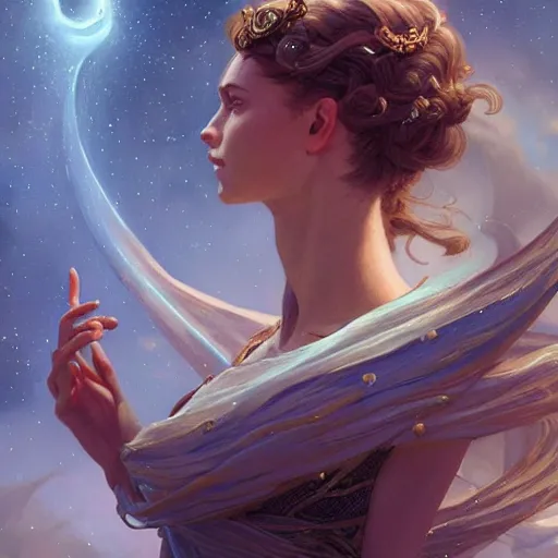 Prompt: serpent made of stars curled in the sky, extremely detailed, 8 k, fantasy, elegant, pale, highly detailed, digital painting, artstation, concept art, smooth, sharp focus, illustration, art by artgerm and greg rutkowski and alphonse mucha