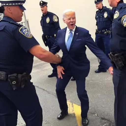 Prompt: biden arrested by himself dressed as a cop, realistic photography