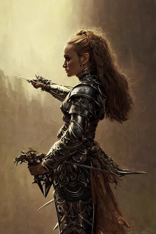 Prompt: natalie portman, warrior, clothed in metal battle armor, lord of the rings, tattoos, decorative ornaments, by carl spitzweg, ismail inceoglu, vdragan bibin, hans thoma, greg rutkowski, alexandros pyromallis, perfect face, fine details, realistic shading, photorealism