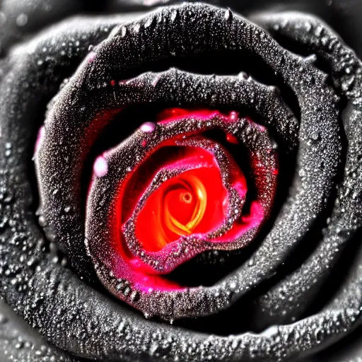 Image similar to award - winning macro of a beautiful black rose made of glowing molten magma, inner glow, lava texture