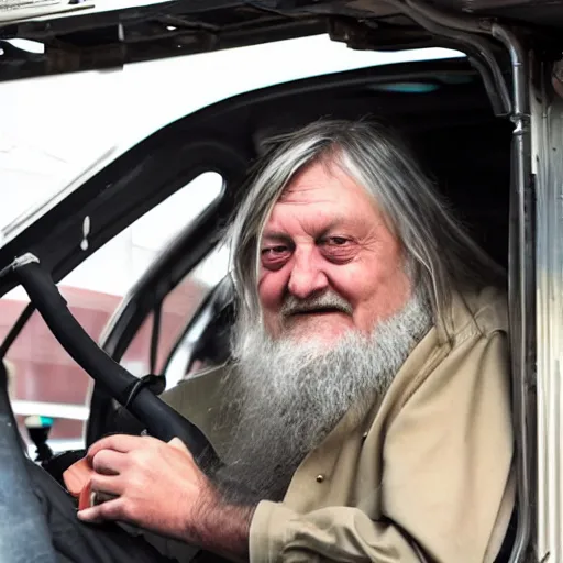 Image similar to robert wyatt sitting in the driver's seat of a large truck with leds under the vehicle