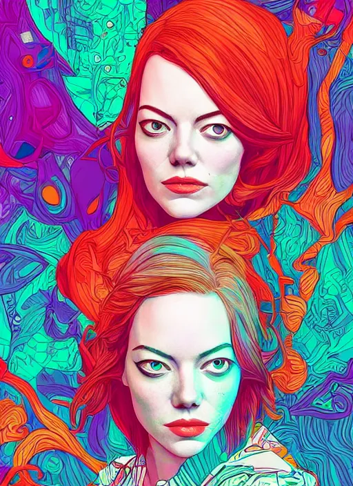 Image similar to portrait of emma stone an ultrafine detailed illustration by james jean, intricate linework, bright colors, final fantasy, behance contest winner, vanitas, angular, altermodern, unreal engine 5 highly rendered, global illumination, radiant light, detailed and intricate environment