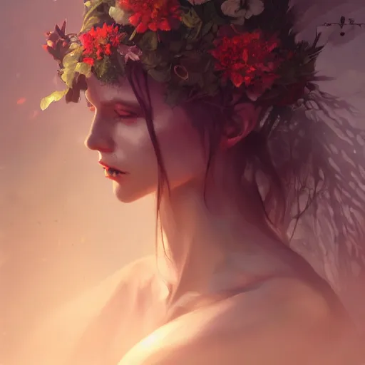 Image similar to Portrait of a dark fantasy nymph, flowers and plants surrounding, stunning, concept art, artstation, dramatic lighting, by Wlop