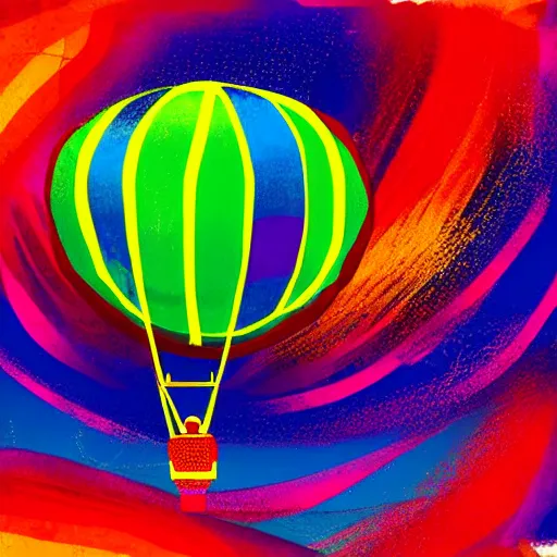 Image similar to single man flying in hot air balloon in the colorful space, in the style of greg rutsowski, dark background, hyper realistic