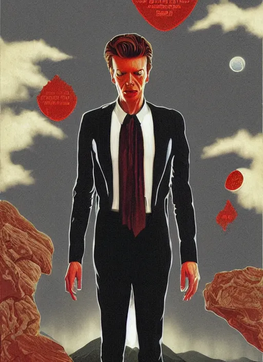 Image similar to twin peaks poster art, portrait of david bowie his suit is split half in black, by michael whelan, rossetti bouguereau, artgerm, retro, nostalgic, old fashioned