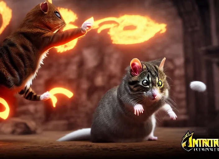 Prompt: hamster fights a cat in mortal kombat on the background of a cheering shao khan. fantasy magic style. highly detailed 8 k. intricate. lifelike. soft light. sony a 7 r iv 5 5 mm. unreal engine with nanite and path tracing