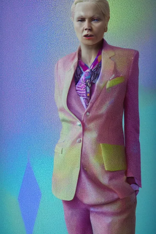 Prompt: a scene with a character wearing a super colorful muted color diy! suit, vivienne westwood!, detailed photoreal render octane render, pointillism, oil on canvas