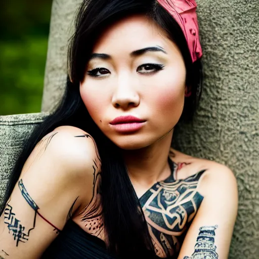 Image similar to 8 k award winning portrait photo of an asian beauty with tribal tattoos