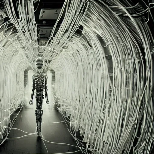 Prompt: nervous system made of wires and alien technology in a white room with glowing leds, hyper detailed, surreal concept art, apocalyptic, realistic, alive, industrial, tech, black and white photo on film, grain, cyborg, futuristic, humanoid, dream