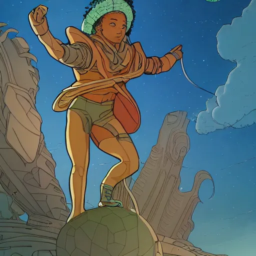 Image similar to a young mixed race explorer wearing a futuristic headpiece who is standing on top of a giant head of a statue in the style of max prentis and moebius and murton.arts, highly detailed, 8k wallpaper, adventure time colour palette