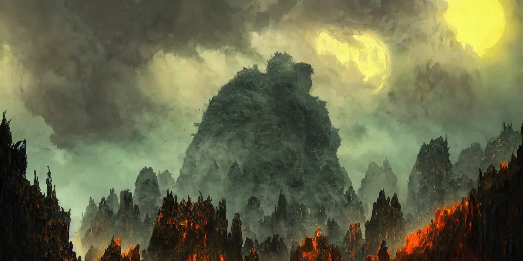 Prompt: concept art of giant gorilla, lava rocks, renaissance, roaring, melting horror, round moon, rich clouds, fighting the horrors of the unknown, overgrown, very detailed, volumetric light, mist, fine art, decaying, textured oil over canvas, epic fantasy art, very colorful, ornate scales, marc simonetti