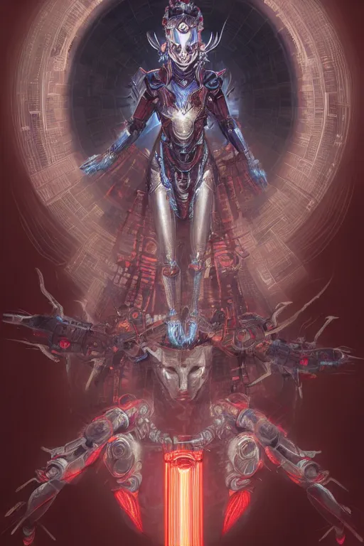 Image similar to asura from chinese myth, ghost, mecha, symmetrical. sci - fi, tech wear, glowing lights, intricate, elegant, highly detailed, digital painting, highly detailed, digital painting, artstation, concept art, smooth, sharp focus, illustration, art by artgerm and greg rutkowski and alphonse mucha