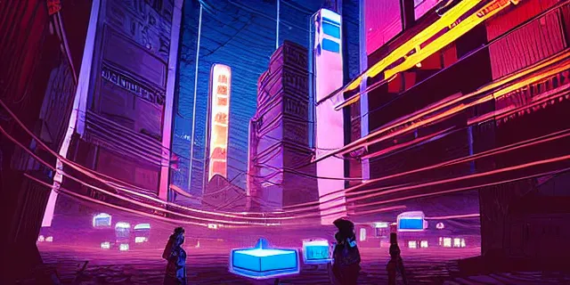 Image similar to large glowing cubes floating in the middle of a cyberpunk tokyo 2 0 9 9 city, in the art style of dan mumford and marc simonetii, atmospheric lighting, intricate, volumetric lighting, beautiful, sharp focus, ultra detailed