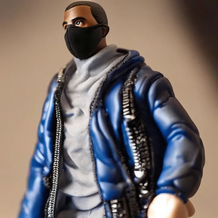 Image similar to a action figure of kanye west using a full face covering black mask, a small, tight, undersized reflective bright blue round puffer jacket made of nylon, dark jeans pants and big black balenciaga rubber boots, figurine, detailed product photo