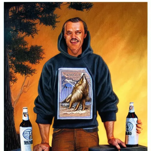 Prompt: Wolf wearing black sweatshirt, holding beer, artwork by Earl Norem,