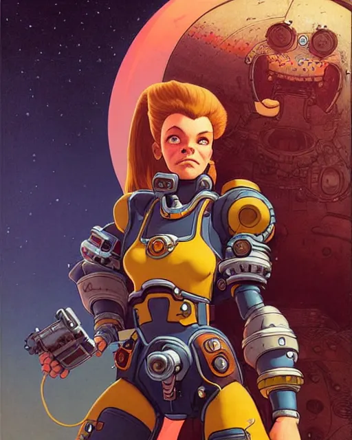 Image similar to brigitte from overwatch, character portrait, portrait, close up, concept art, intricate details, highly detailed, vintage sci - fi poster, retro future, in the style of chris foss, rodger dean, moebius, michael whelan, and gustave dore