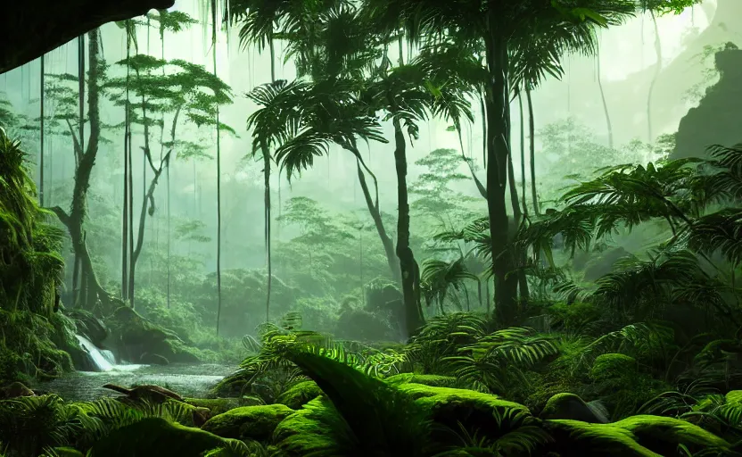 Image similar to a beautiful render of a dark prehistoric rainforest, lush flora, patches of sky, sunset, mountains and a waterfall in the background, intricate detail, hazy, humid, volumetric lighting, 8 k, photorealistic, raytracing effects, unreal engine 5