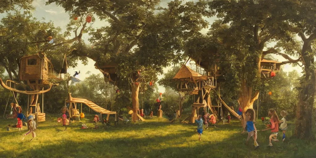 Image similar to masterful oil on canvas painting, eye - level view, shot from 5 0 feet distance, of kids playing in a treehouse. in the background human children run around having fun. golden hour, detailed, depth, volume, chiaroscuro, quiet intensity, limited color palette. in the background there are a couple of balloons floating in the sky.