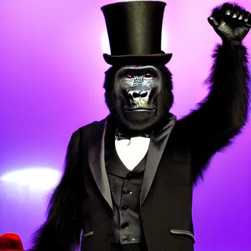 Image similar to a gorilla wearing a tuxedo and top hat while performing magic on a stage in Las Vegas