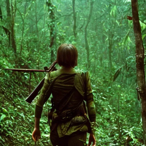 Prompt: film still, close up, emma watson soldier hiking through dense vietnam jungle, mist, film still from apocalypse now ( 1 9 7 9 ), 2 6 mm, kodak ektachrome, blue tint ektachrome film,