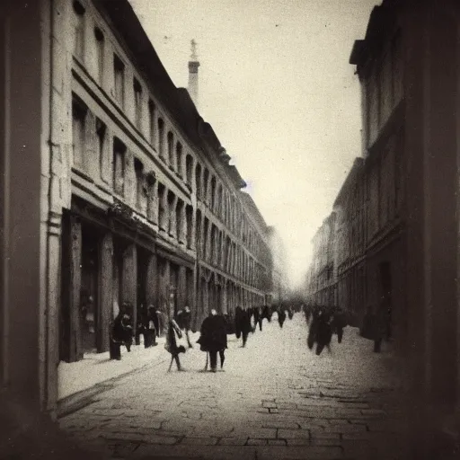 Image similar to street photograph from the 1600s, faded, blurry, first ever photograph