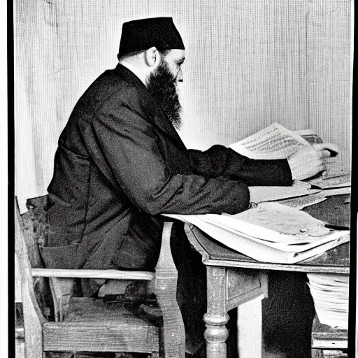 Prompt: a photograph photo of a rabbi bent over at his desk, dead and twisted by a curse